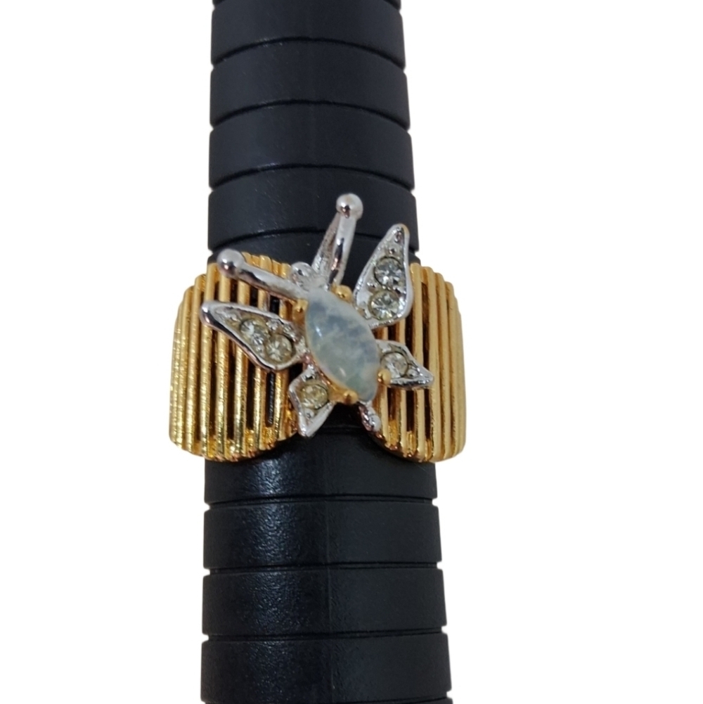 Vintage Anson 18K HGE Gold Moonstone & Rhinestone Butterfly Ring- Size 8 - Picture 4 of 7